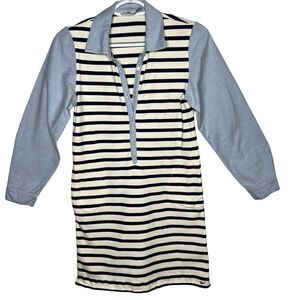 VINEYARD VINES Ivory/Navy Stripe Oxford Long Sleeve Shirt Dress Girls Large L/14